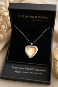 Memorial Photo Necklace — In Loving Memory heart pendant gift box with card reading: I carry your love with me, always. Mom, you're still with me.